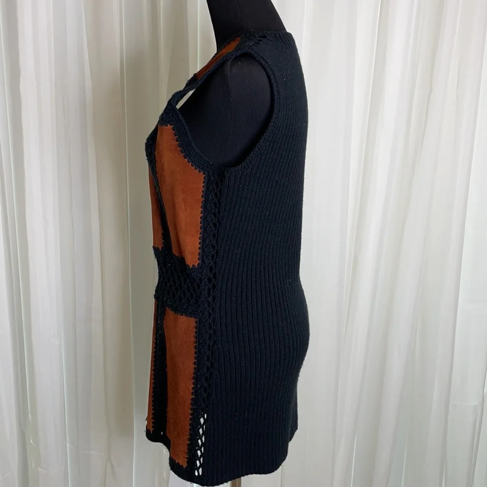 Vintage Suede and Black Crochet v-neck Vest, approximately Size M