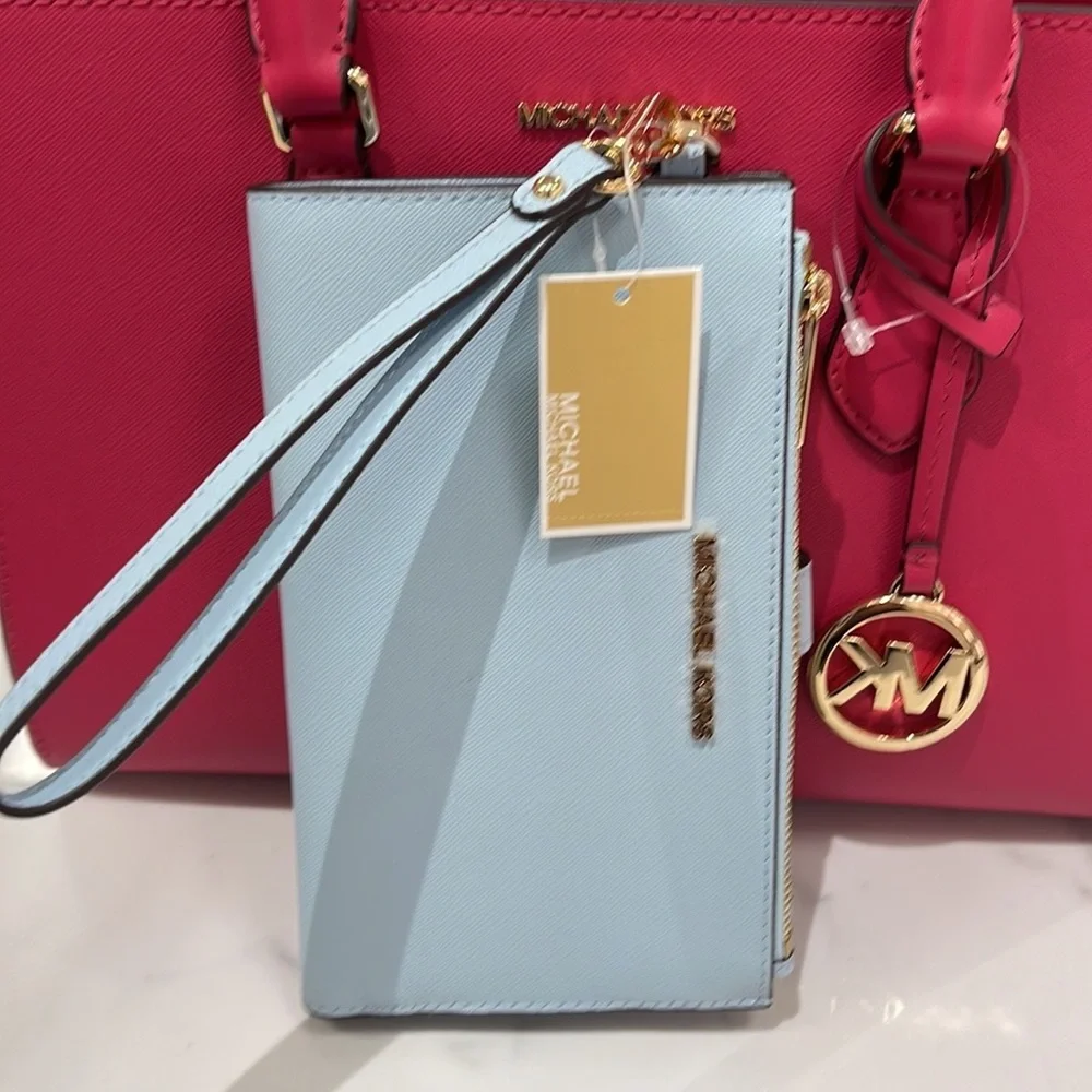 MICHAEL KORS LARGE DOUBLE ZIP WRISTLET WALLET PHONE CASE CLUTCH Vista Blue