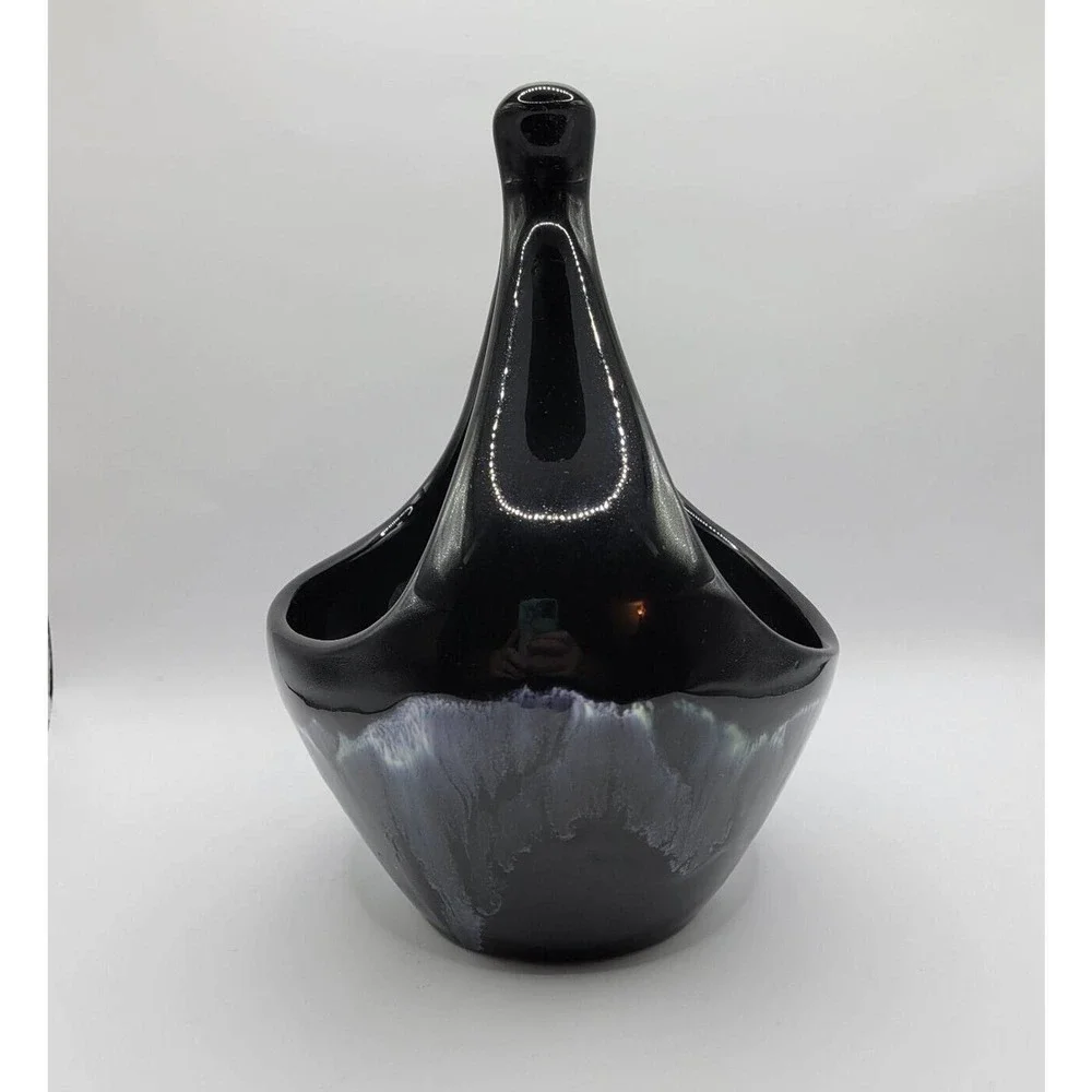 Vintage Black w/Blue Green Drip Glaze Ceramic Pottery Basket
