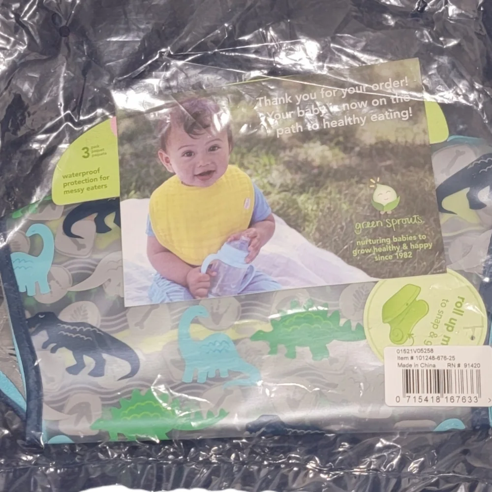 Green Sprout Snap & Go Wipe Off Bibs Blue Dinosaurs 9-18M - 3pk