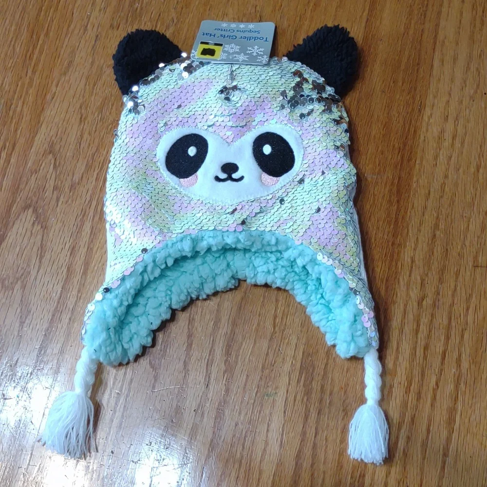 Toddler Girls Hat Sequin Critter Bear warm fuzzy NEW!