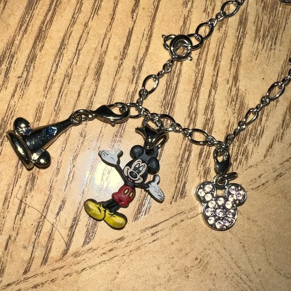 Disney 9 charm bracelet Minnie mickey crown rhinestones clasps birthday 7 inch