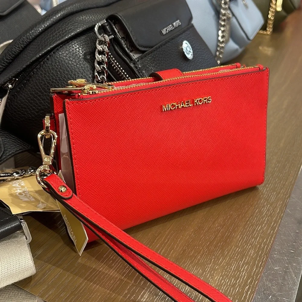Michael Kors Jet Set Travel Large Double Zip Leather Wristlet phone holder NWT