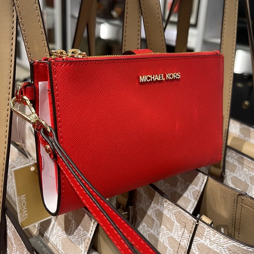Michael Kors Jet Set Travel Large Double Zip Leather Wristlet phone holder NWT