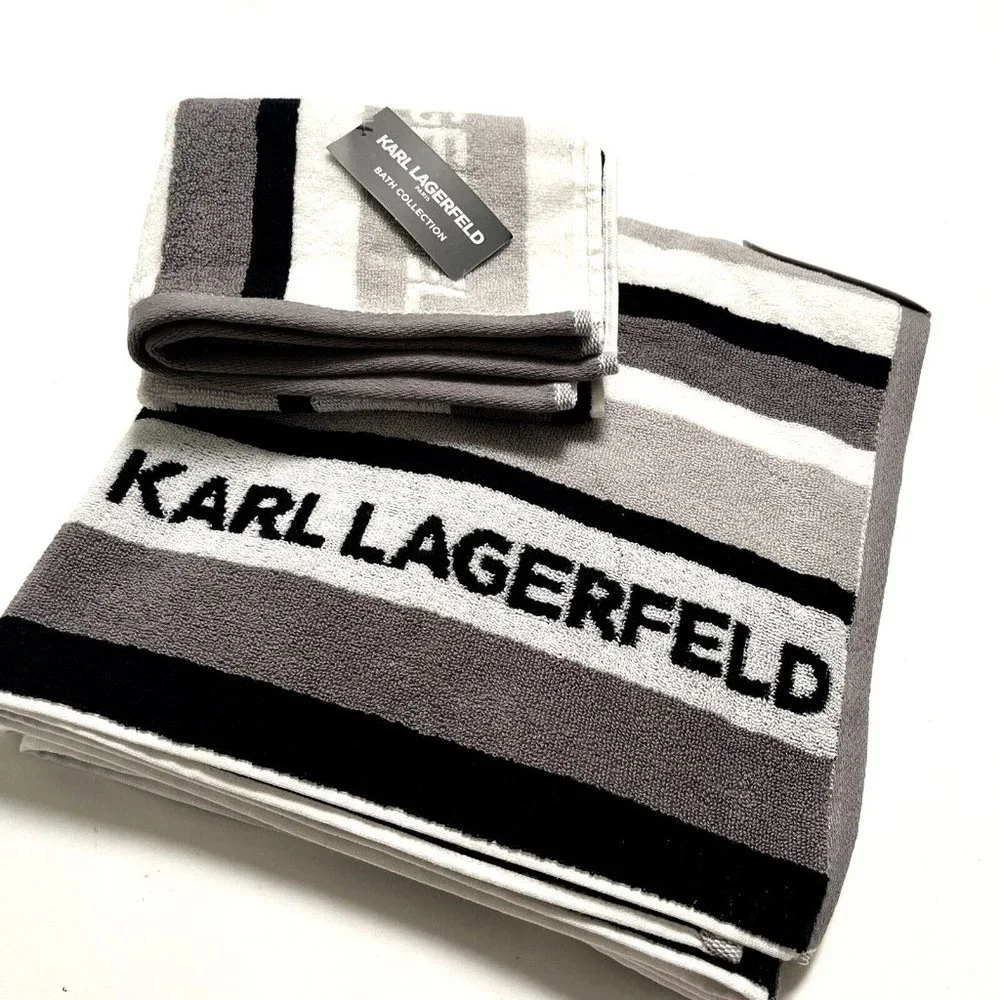 Karl Lagerfeld 2pc Cotton Bath & Hand Towel Set Gray Black White NWT
