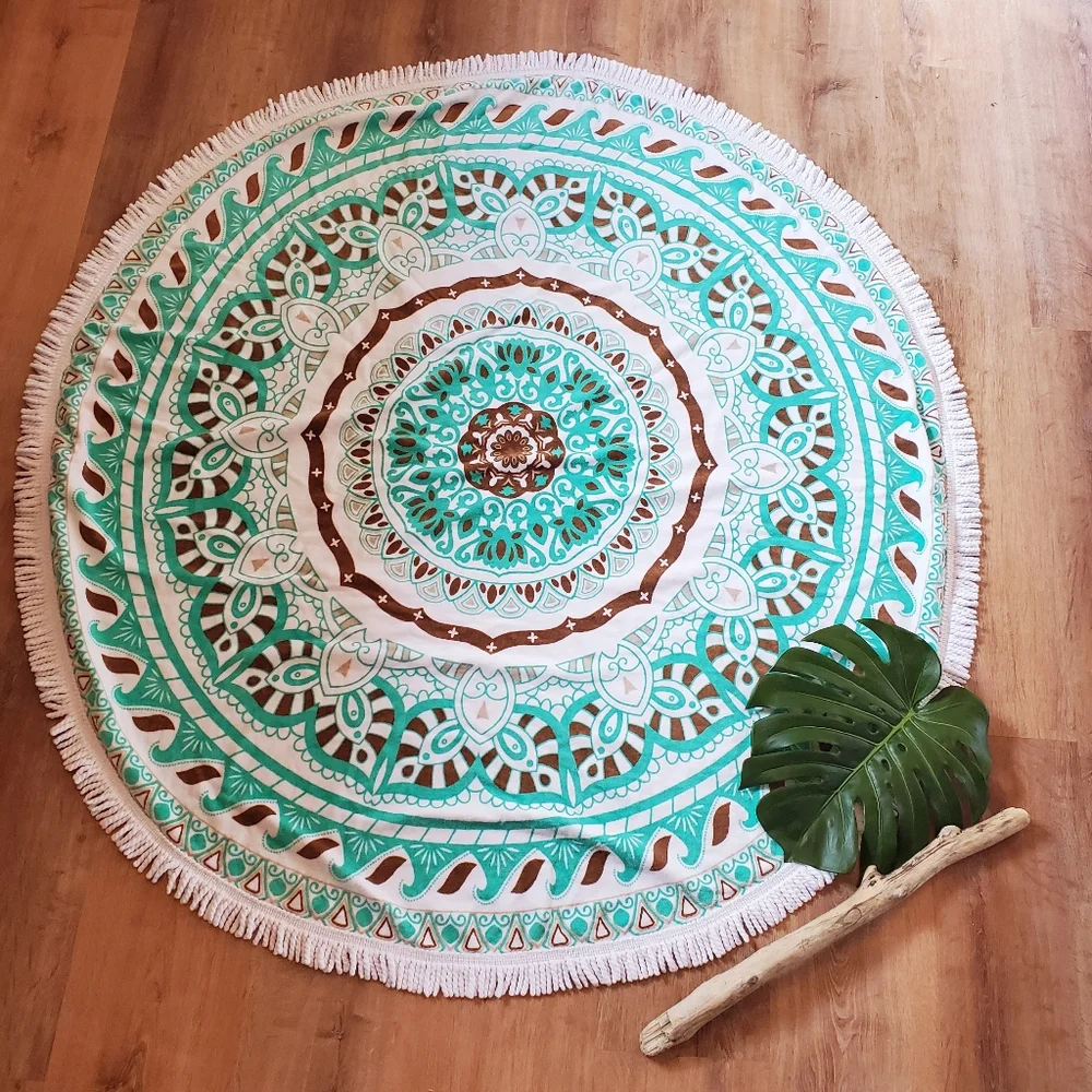 Bohemian Mandala Thick Terry Round Mint Beach Towel 59