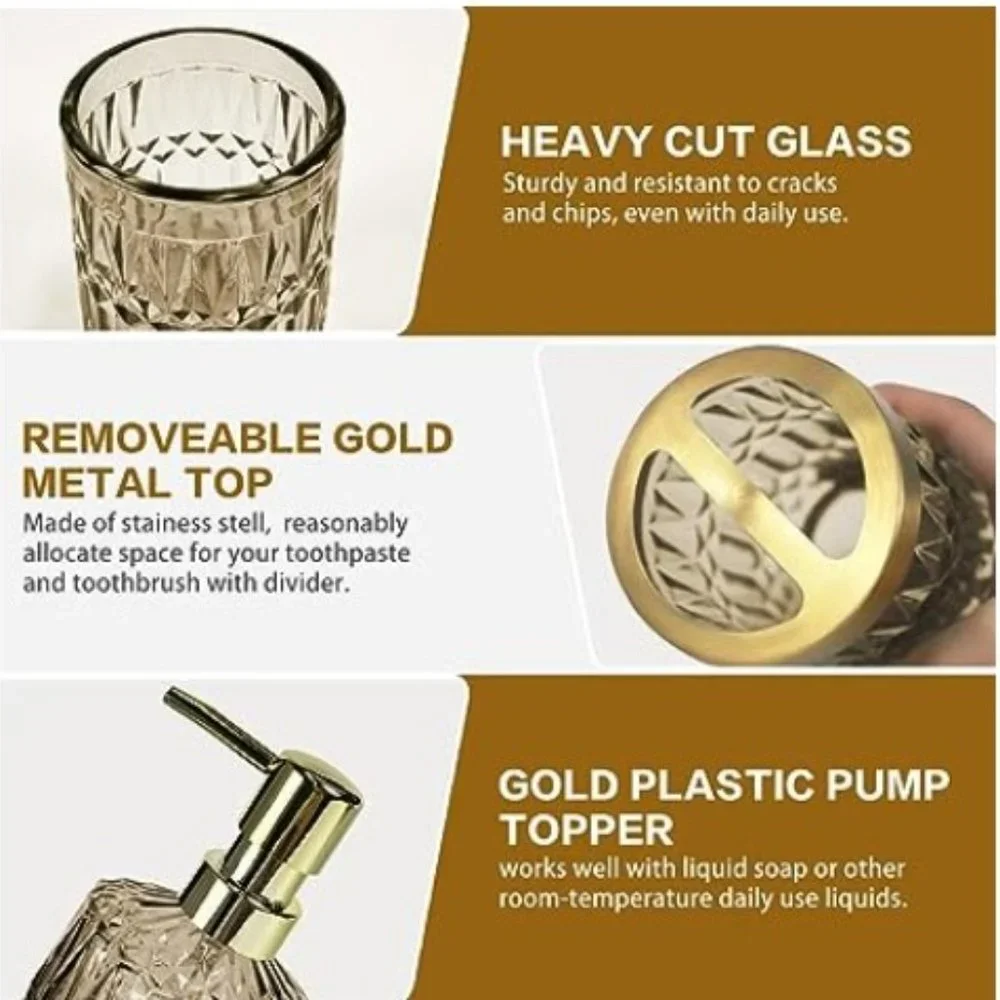 Set of 5 - Retro Amber Glass Bathroom Accessory Set - Classic Bathroom Decor