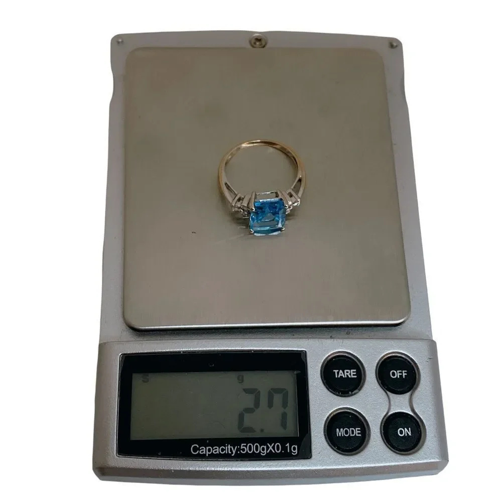 10k 10KT Karat Fine Solid White Gold Blue Topaz & Diamond Ring Women’s 6.5