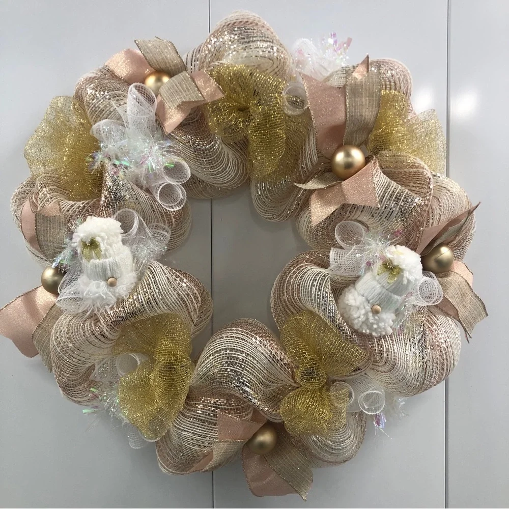 Rose Gold Gnome Deco Mesh Wreath Christmas Iridescent Cream Pink Ornaments Bows