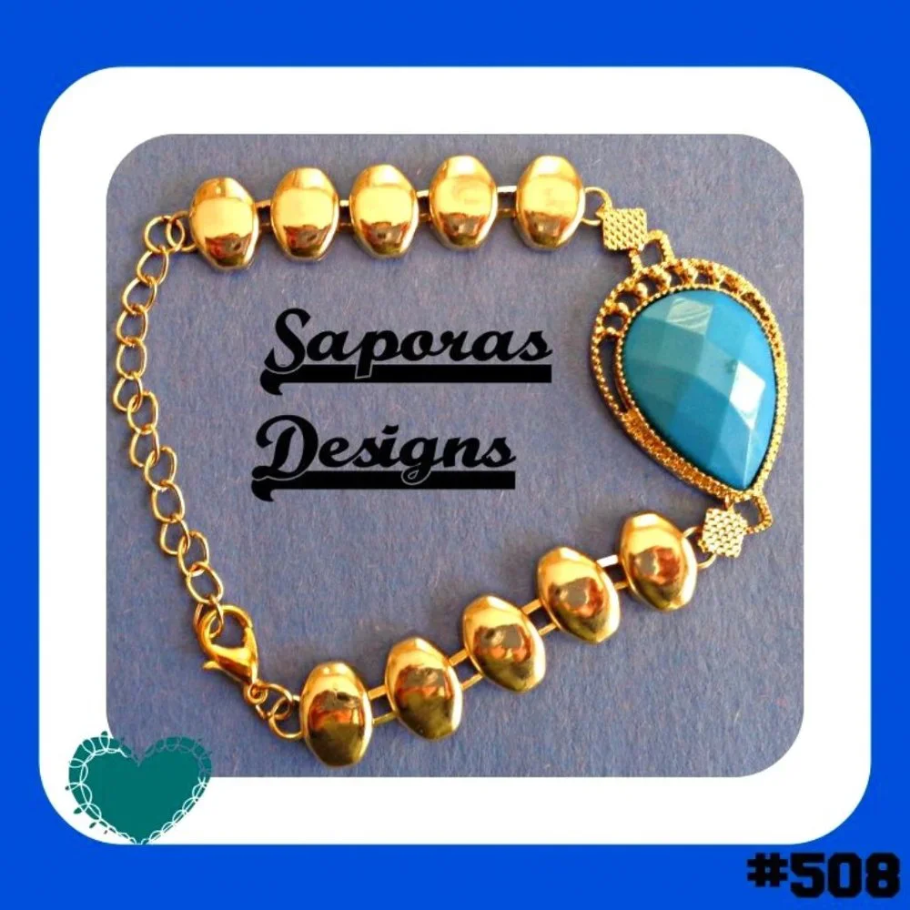 Gold Tone Bracelet With Blue Bead Egyptian Design For Girls/Teens