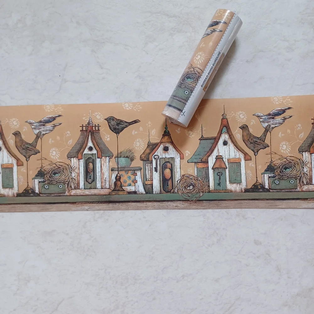 Wallpaper Border Country Wooden Birdhouses Knowles Teal 2 Rolls
