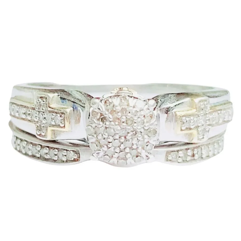 Bridal Set Wedding Engagement Cross Round Diamond Ring Sz 6.75