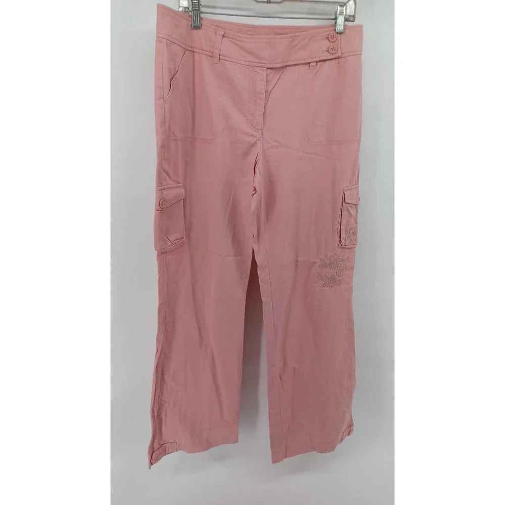 New York & Company Women’s Cargo Pants Size 12 Pink Embroidered Floral Wide Leg