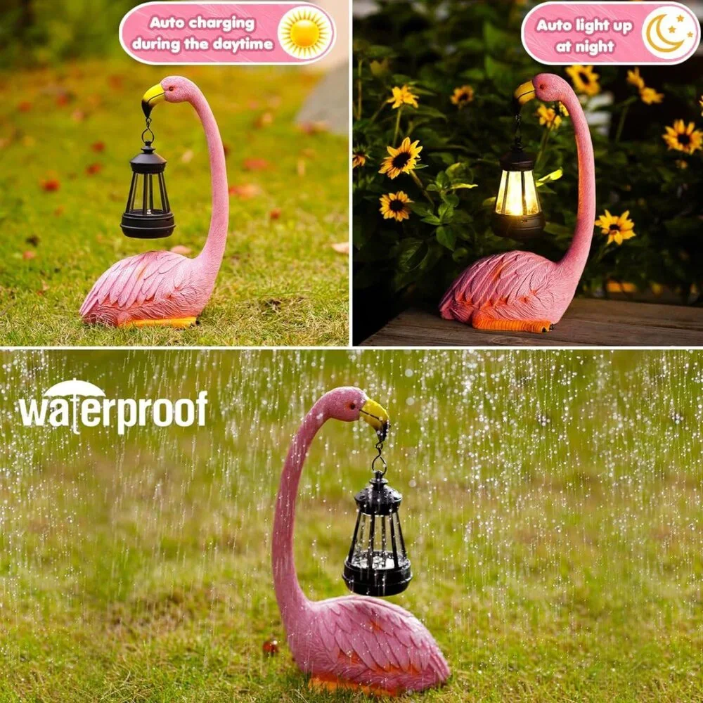 Flamingo Statue w/ Solar Lantern Bird Sculpture Yard Art Outdoor Garden Decor