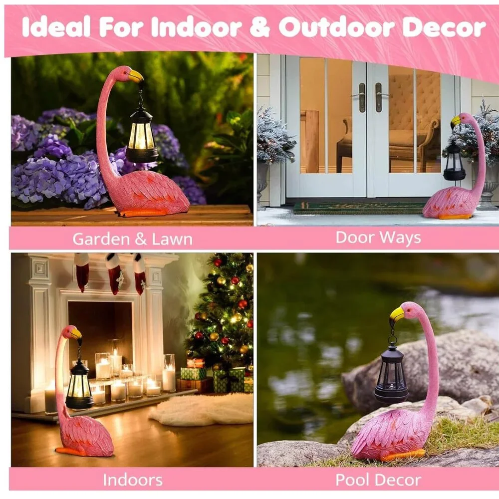 Flamingo Statue w/ Solar Lantern Bird Sculpture Yard Art Outdoor Garden Decor
