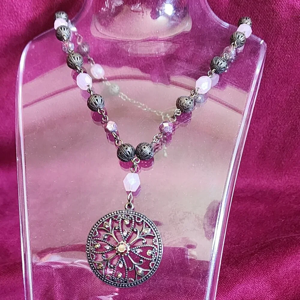 Silver Toned Pendant on Pink Beaded Necklace Fashion Jewelry NEW