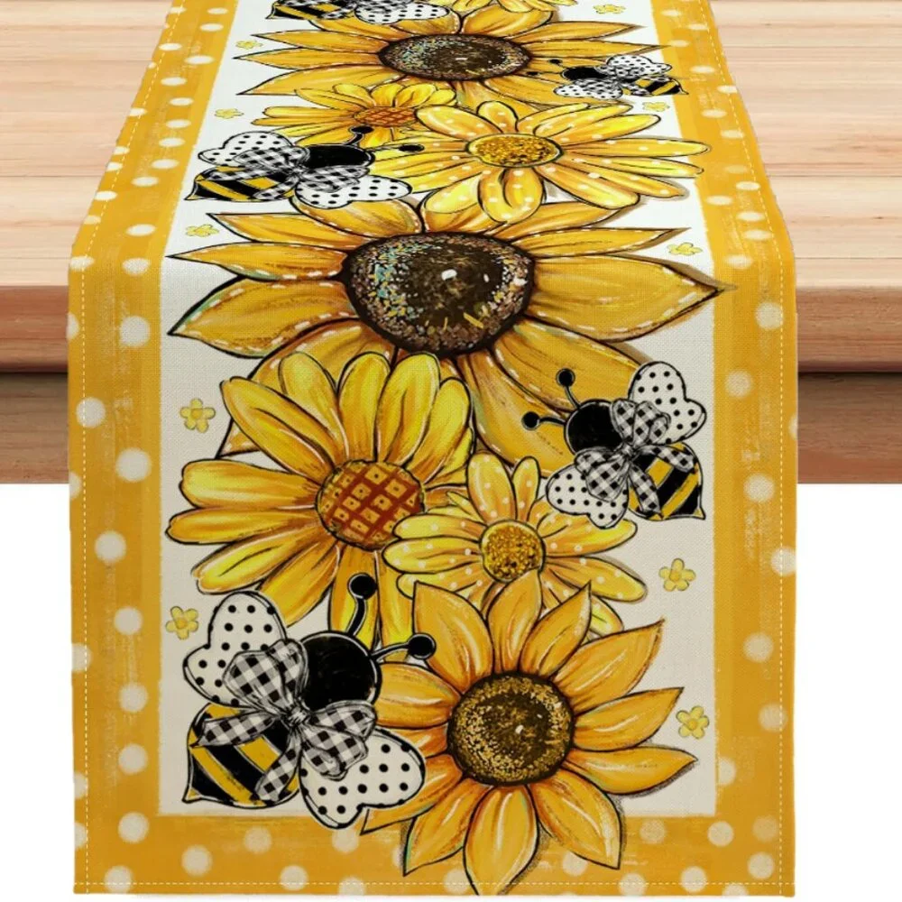Long Floral Table Runner Yellow Spring Summer Bee Decor Cottage Farmhouse 13x108