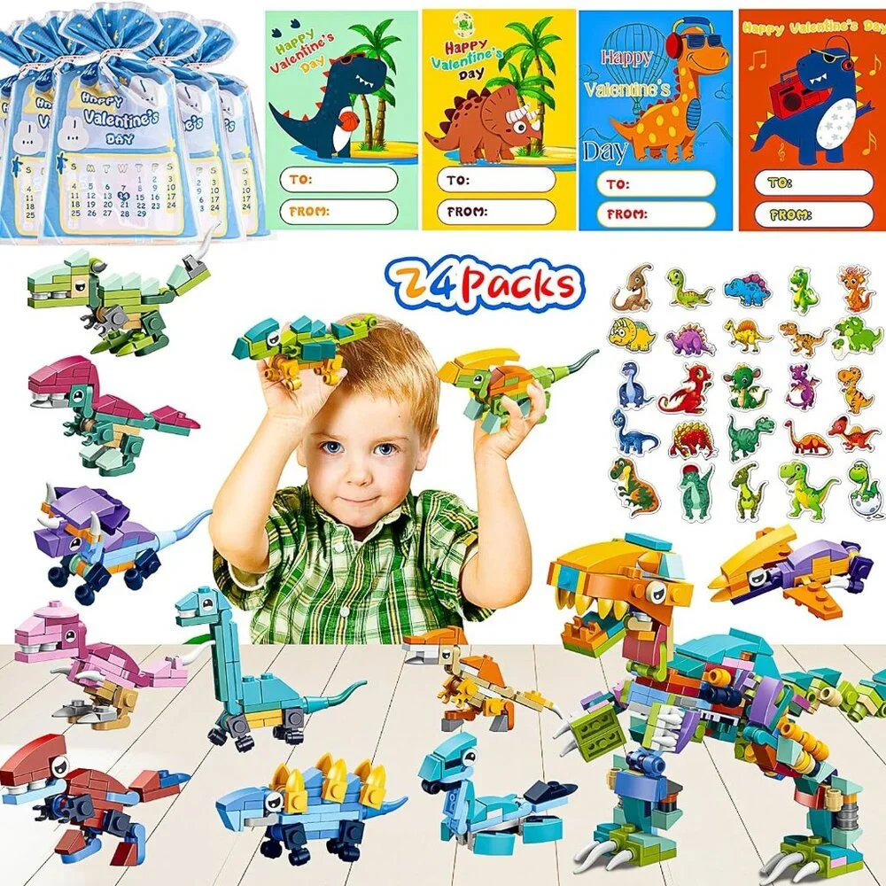 YDP Valentines Day Gifts for Kids - 24Pack Dinosaur Building Blocks with Valenti