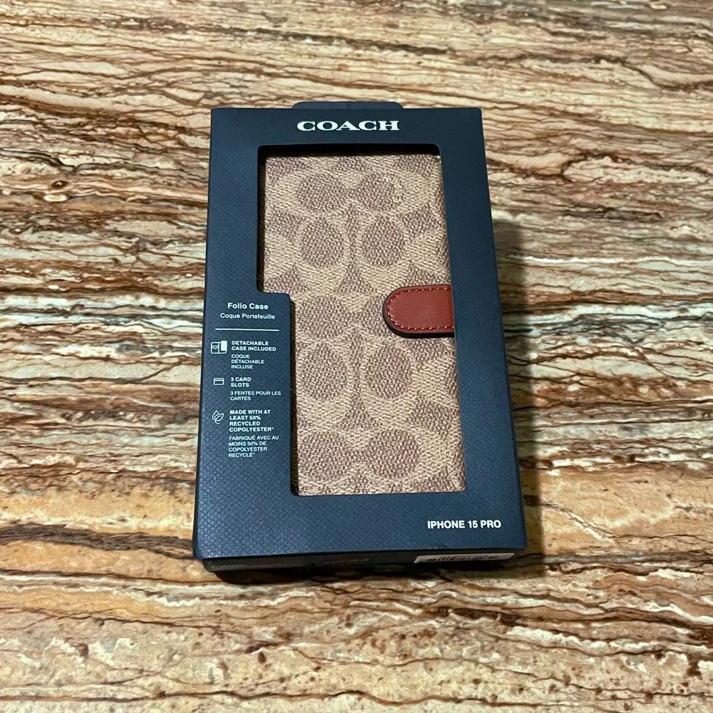 Coach Phonecase Brown Signature C Monogram Logo Folio Wallet Case iPhone 15 Pro