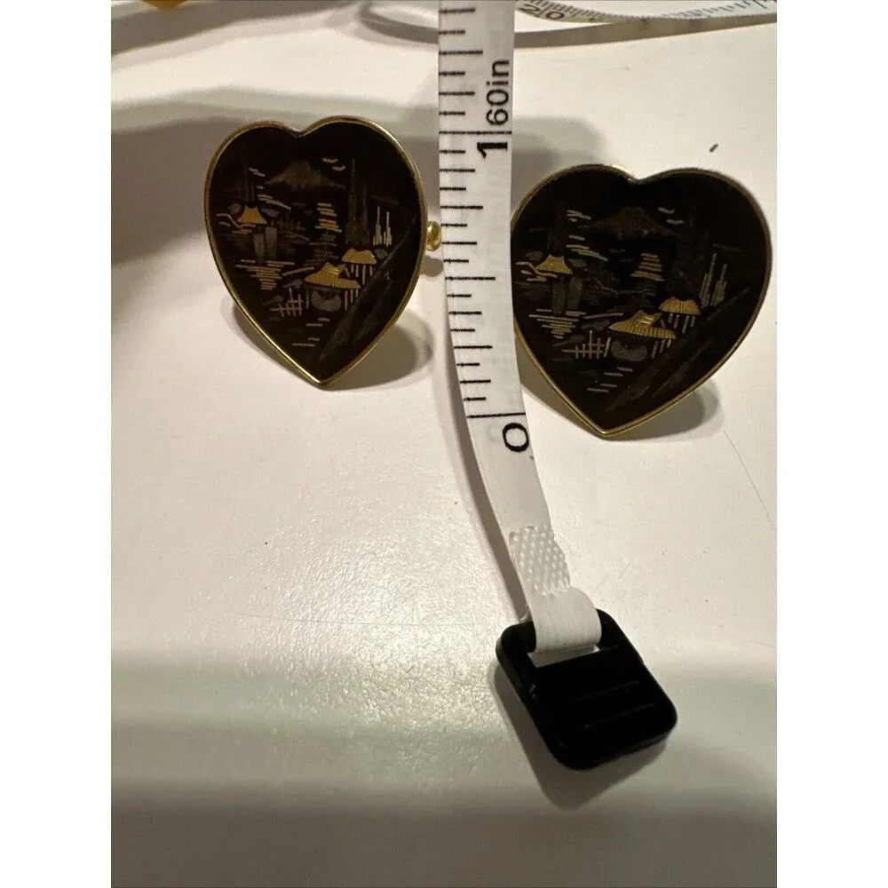 Japanese Damascene Goldtone/ Black Cufflinks AMITA Japan Heart Wedding Mountain
