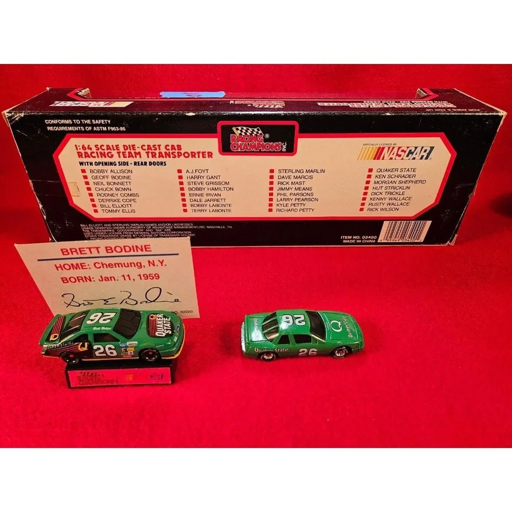 BRETT BODINE NASCAR TRANSPORTER BUNDLE w/MATCHING STOCKCAR & PLAYER CARD