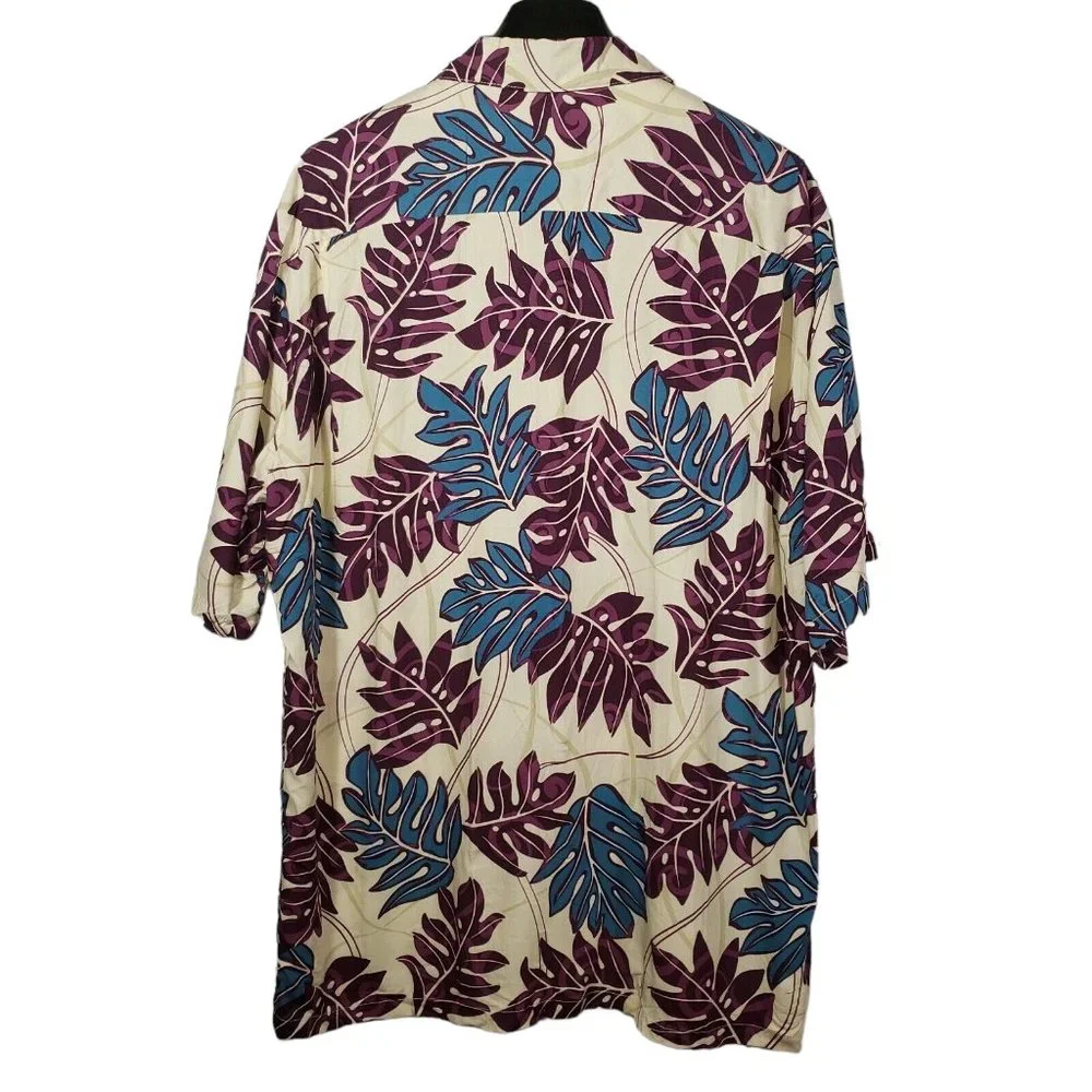 Hilo Haitti Button Up Hawaiian Shirt Cream Purple Blue Palm Tree Leaves Tropical