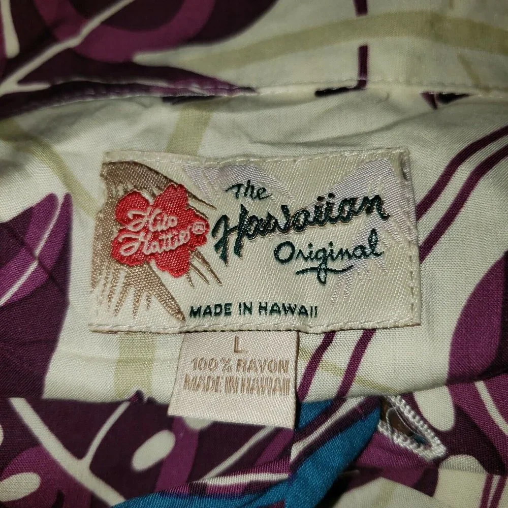 Hilo Haitti Button Up Hawaiian Shirt Cream Purple Blue Palm Tree Leaves Tropical