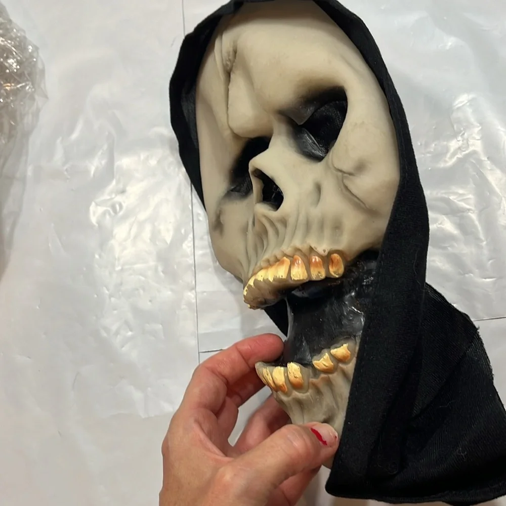 Skull face mask SCARY HORROR teeth open mouth cracked skull black hood Halloween