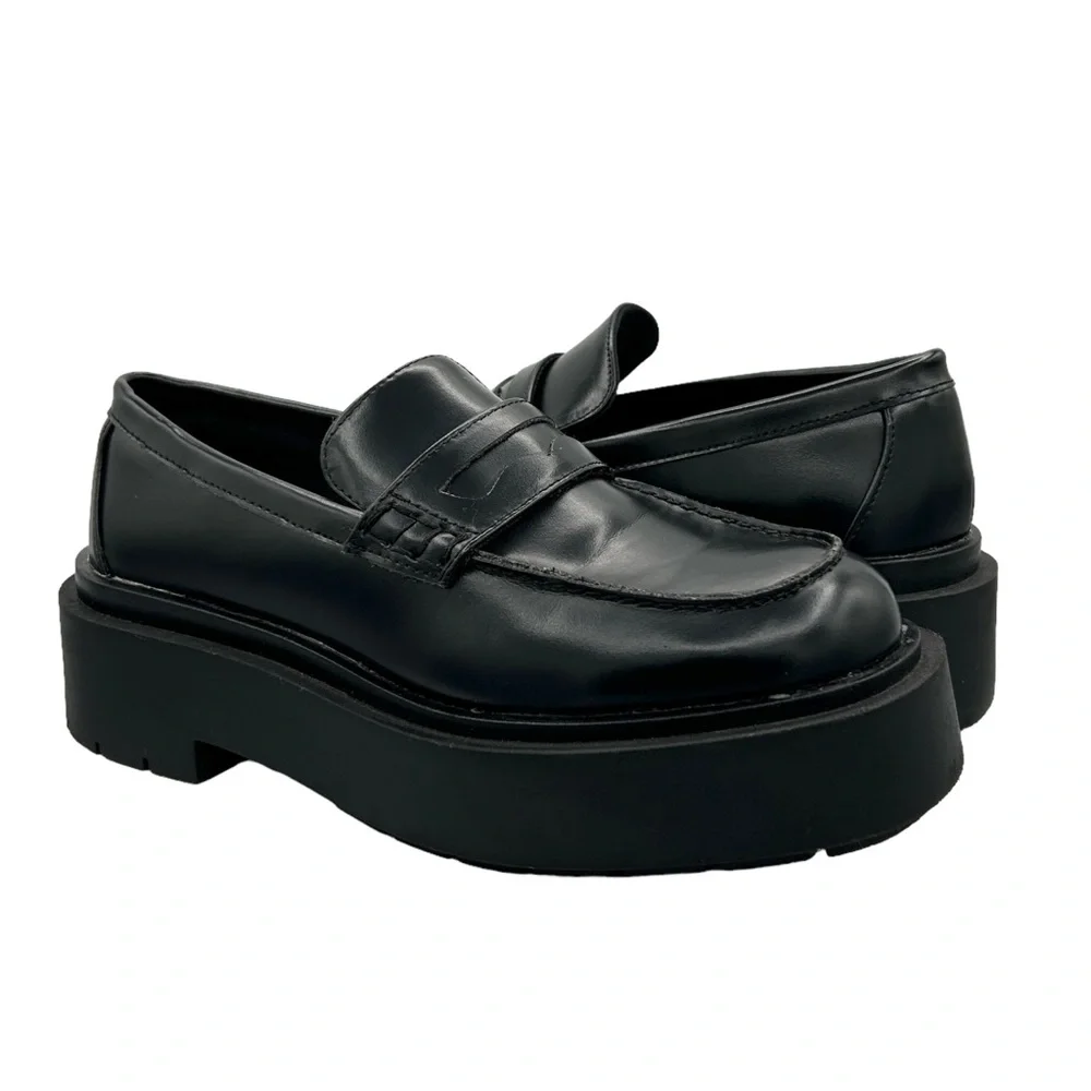 H&M Black Faux Leather Chunky Platform Preppy Slip On Penny Loafers (6)