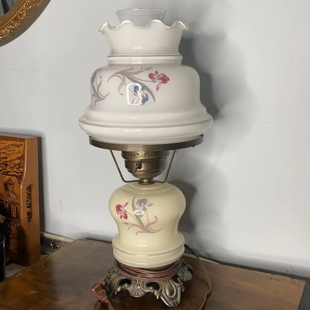 . Vintage Milk Glass Hurricane Lamp - Floral Pattern on Milk Glass Table Top
