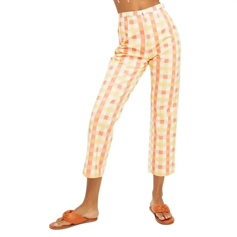 Free People She's All That Plaid Crop High Waist Pants Multi Size 6 0062