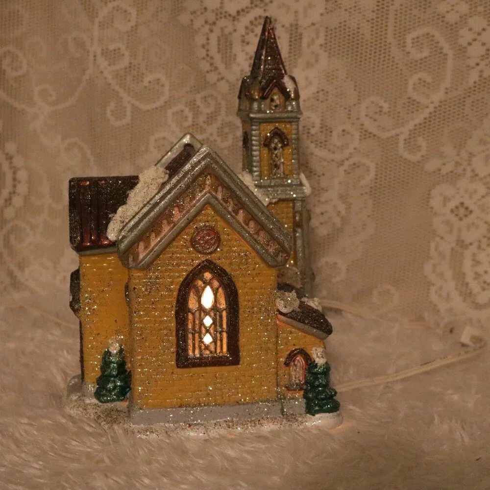 Christmas Village church handpainted ceramic *lighted cord is NOT included*