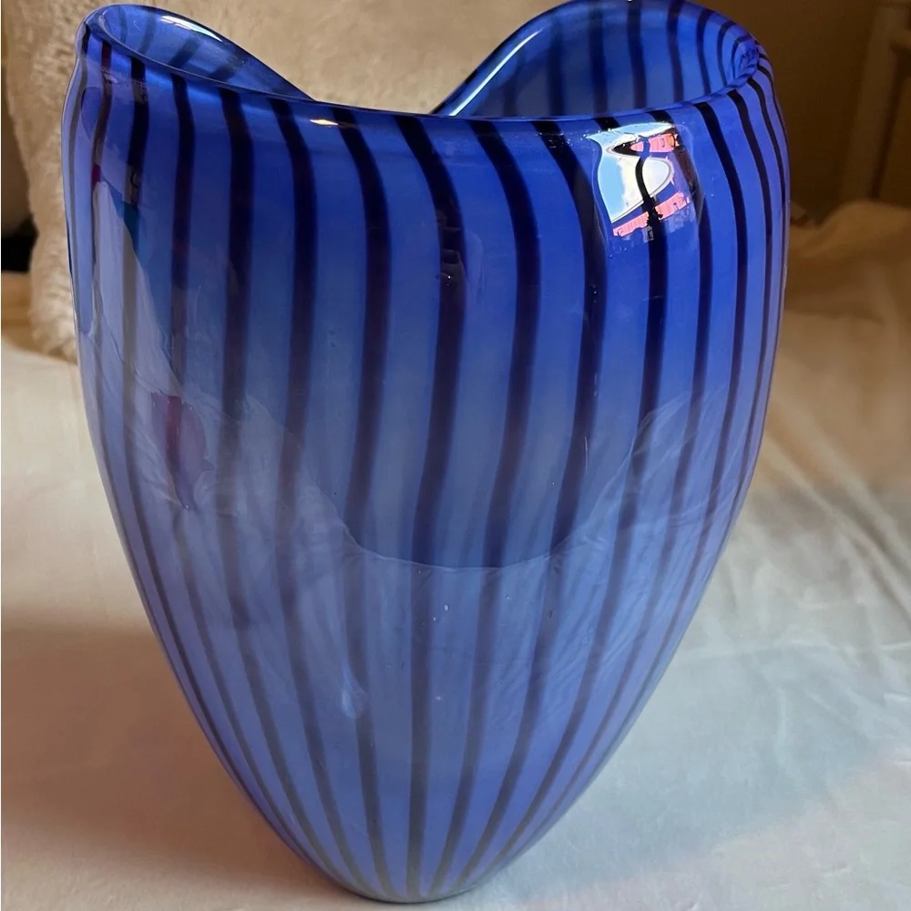 Rare Z Gallerie Art Glass Vase Urchin Blue and Black Stripes 7.5 LBS