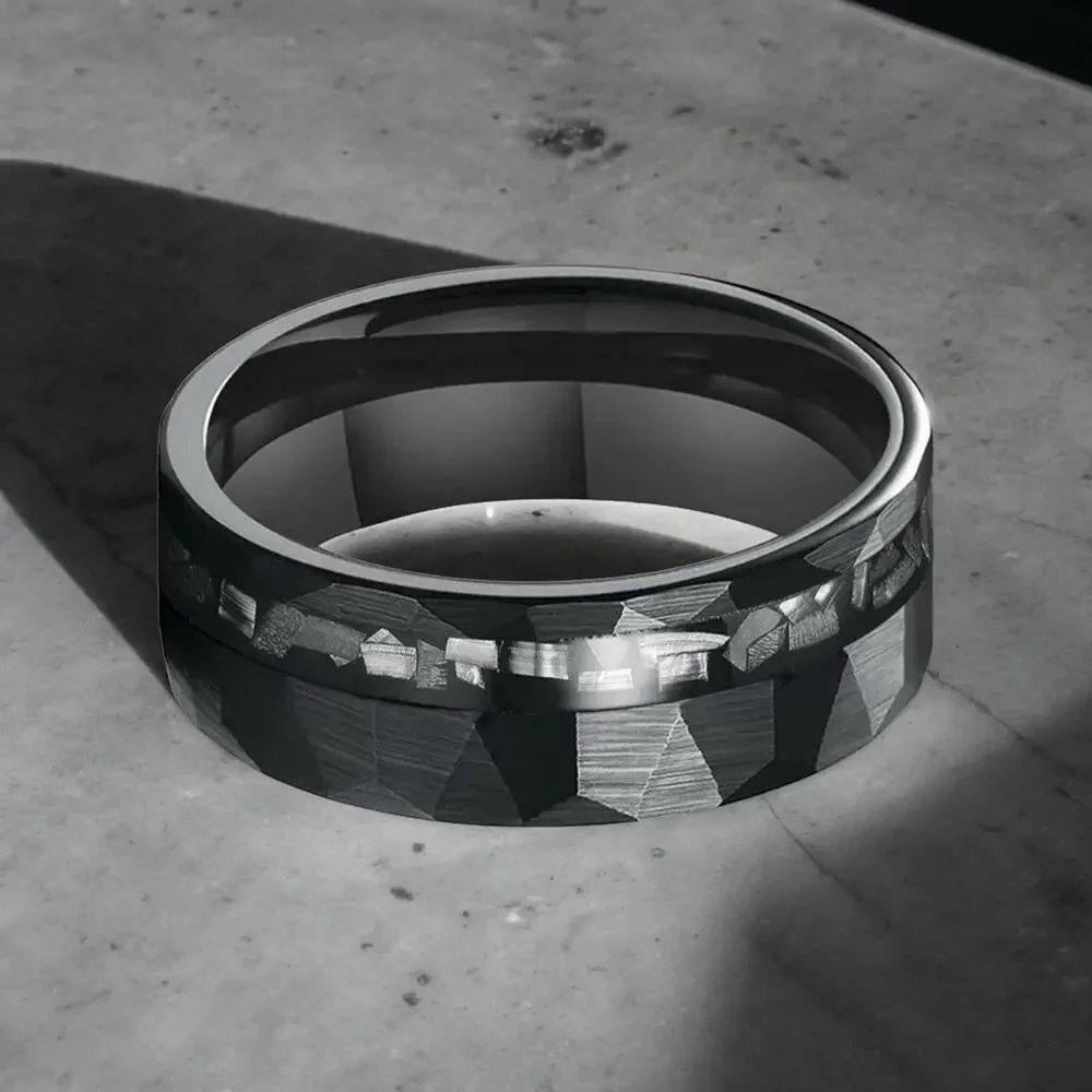 NEW 8mm black hammered meteorite chip men's wedding band ring jewelry sz 10.5