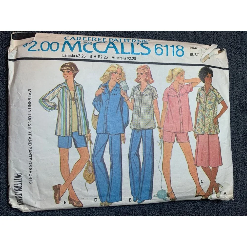 McCalls 6118 Vintage Maternity Sewing Pattern 1978 Size 10 Top Skirt Pants Short