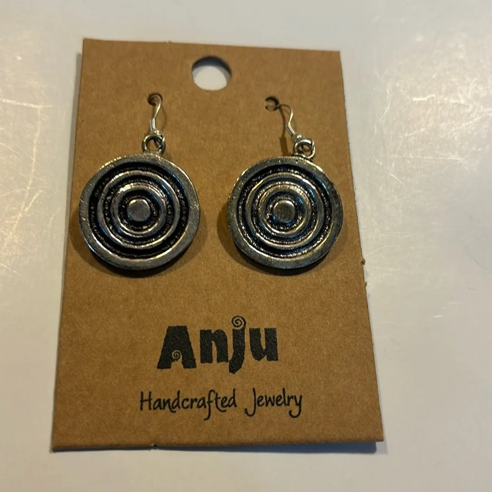 Anju silver color circles handcrafted dangle pierced fish back earrings