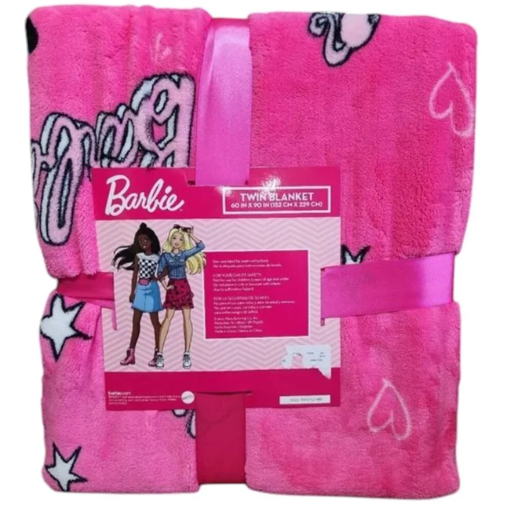 Barbie Hot Pink Plush Blanket with Hearts and Stars