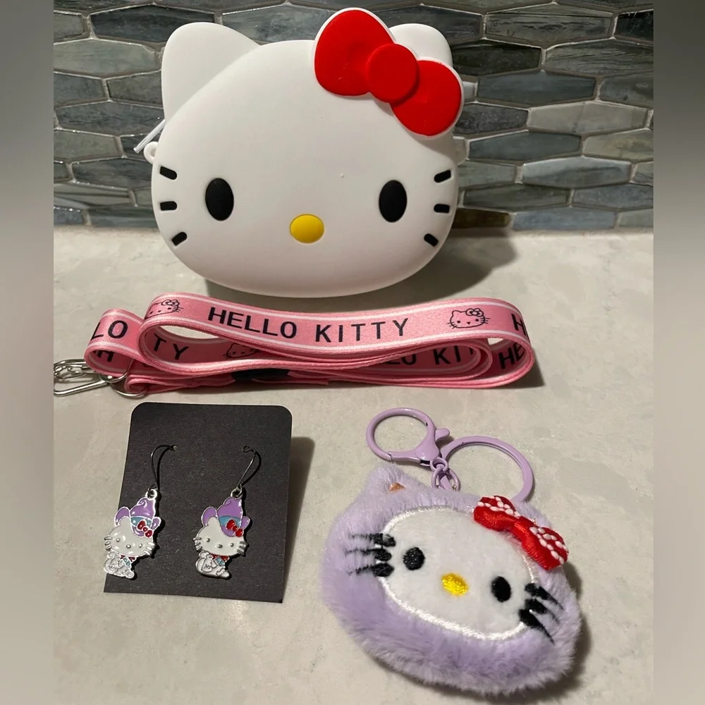 Hello Kitty White and Red Kids Coin Purse, Earrings and Bag Charm Bundle
