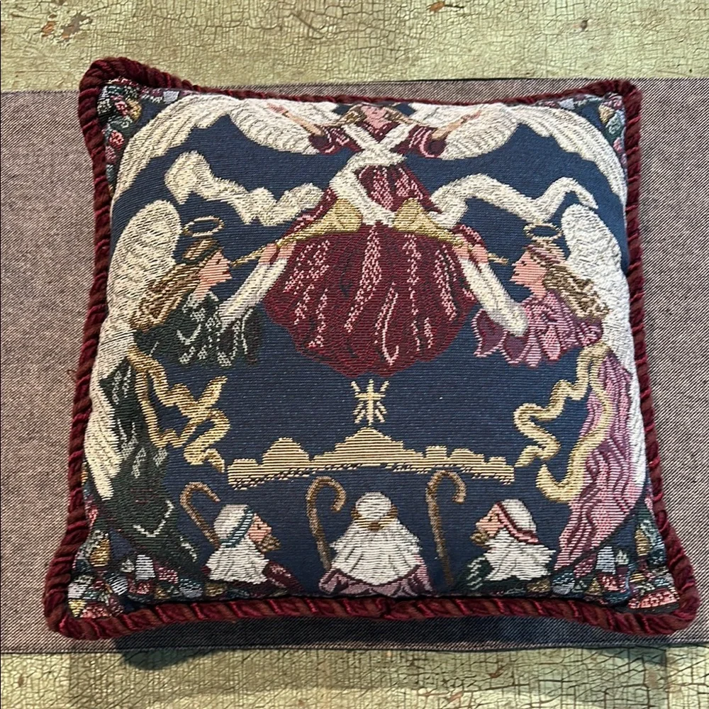 Nativity - Angels, Shepherds, Town, Stain Glass, Highlights, Tapestry Pillow