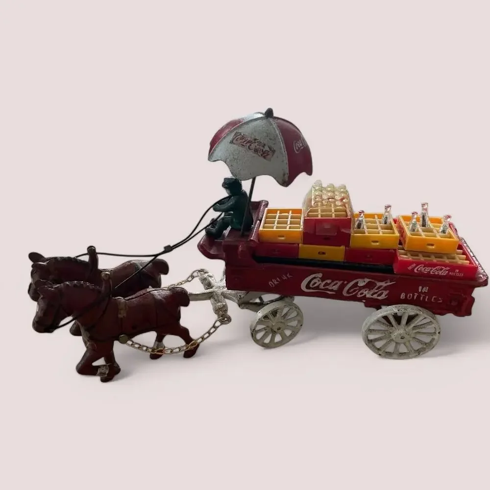 COCA COLA VINTAGE EUC CAST IRON HORSE DRAWN WAGON WITH UMBRELLA & Access