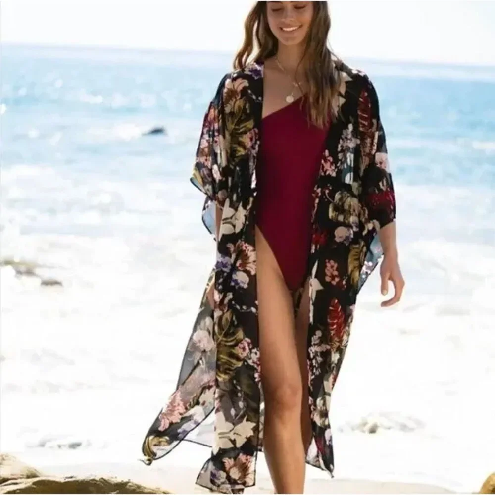 Walter Baker Tulum Caftan (OSFM) Tropical Floral Print Sheer Coverup Long Kimono