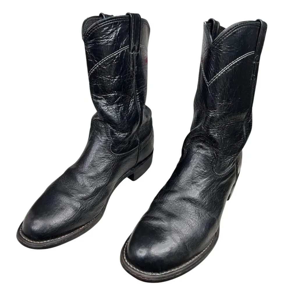 Larry Mahan Men’s Black Leather Cowboy Boots Size US 7.5 D