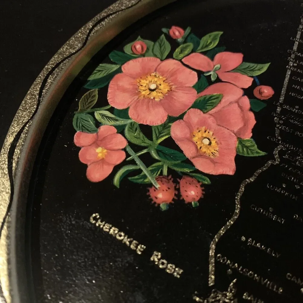 Vintage Toleway Serving Tray Georgia Cherokee Rose Black Gold Color With Flowers