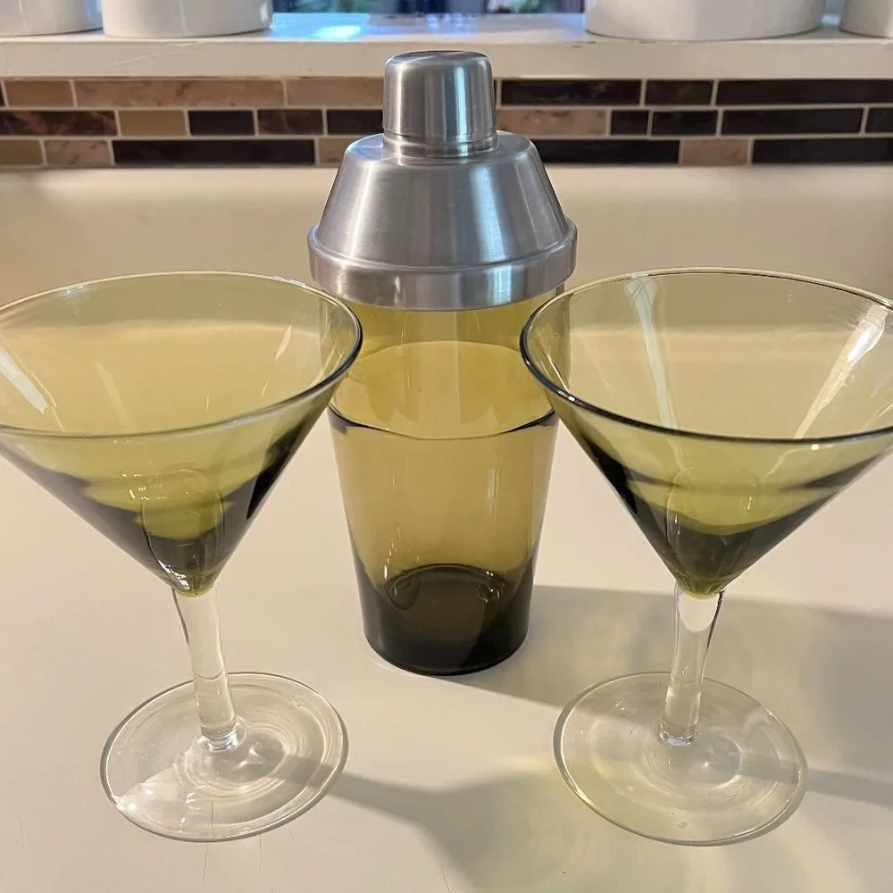 Vintage West Elm - Green Martini Set - 2 Glasses and Shaker - Never used