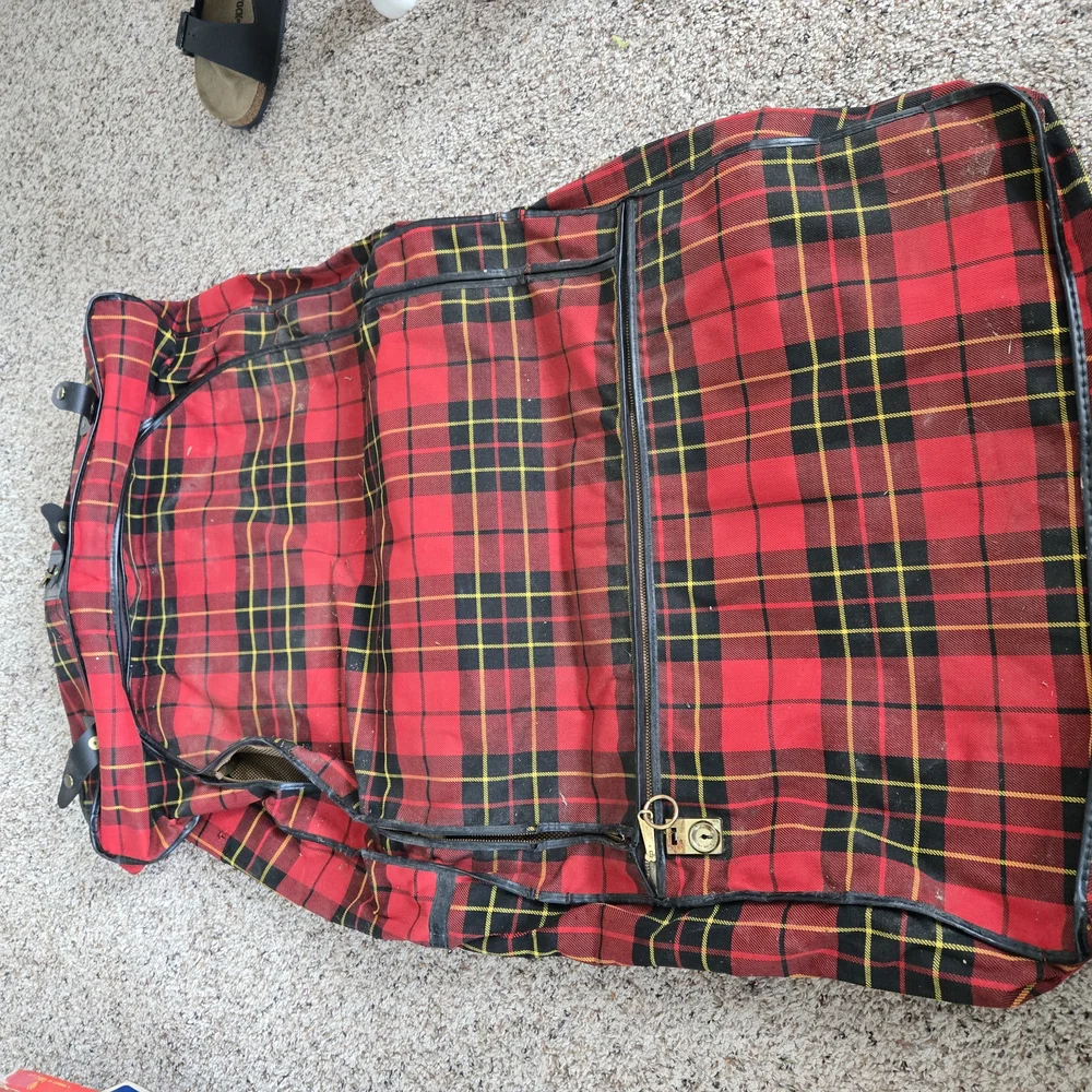 Red CarSac Plaid Hanging Garment Bag Storage Vintage Travel Retro Suitcase