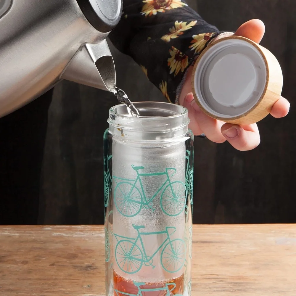 Kitchen Kaboodle Glass Tea Infuser Bamboo Lid Bottle With Printed Teal Bicycles
