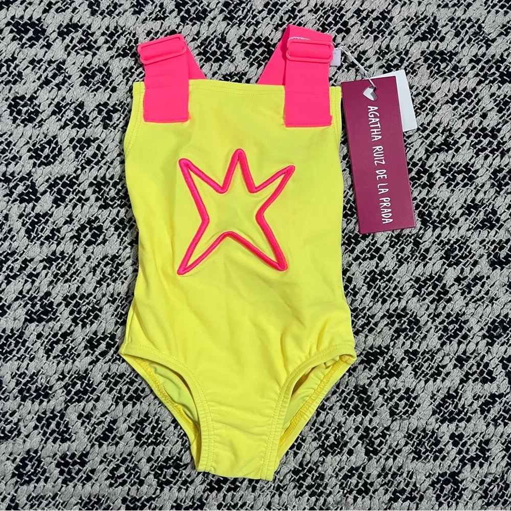 New Agatha Ruiz DeLaPrada Girls Yellow Stars Swimsuit Size 12 Months