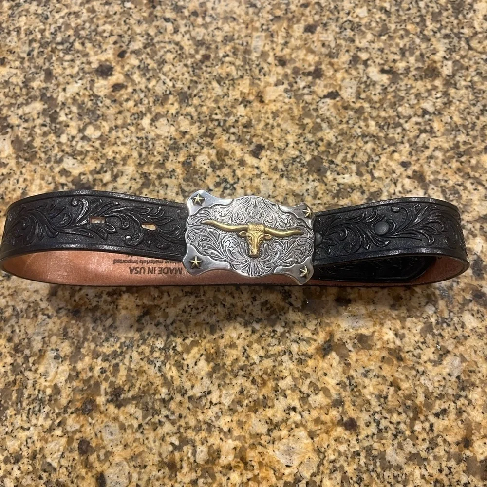 Tony Llama Vintage Children’s Black Tooled Western Belt Silvertone Steer Buckle