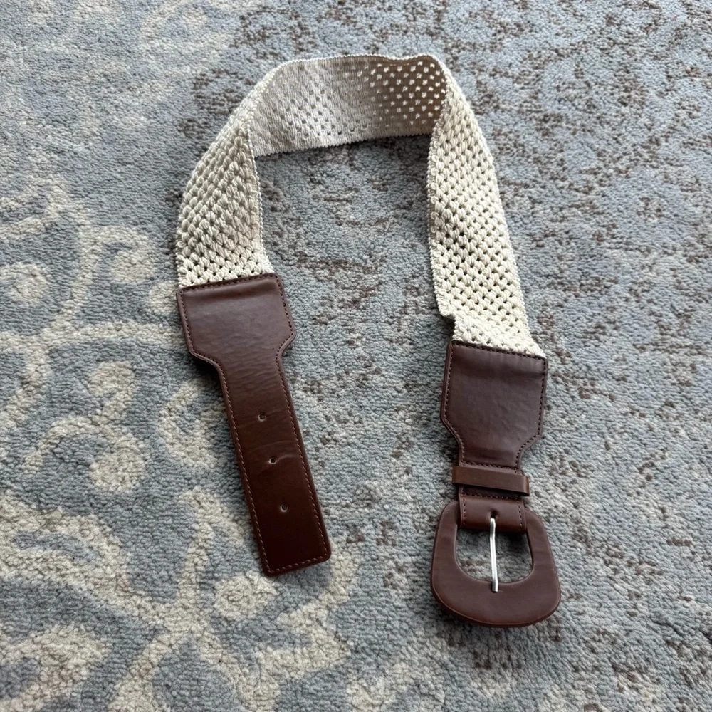 Vintage Crochet Elastic Belt Ivory Brown