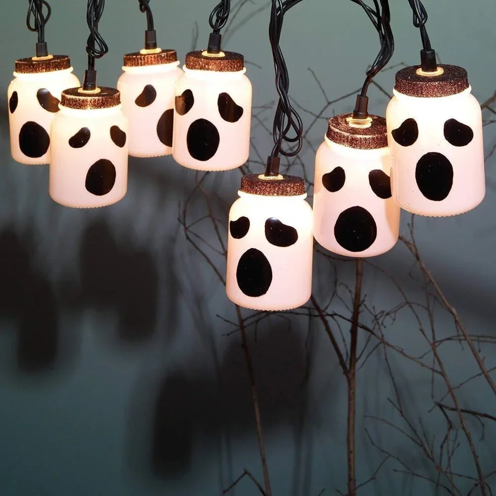 Halloween 8 LED Ghost Mason Jar Lights Indoor Use Decoration Spooky Cute Design